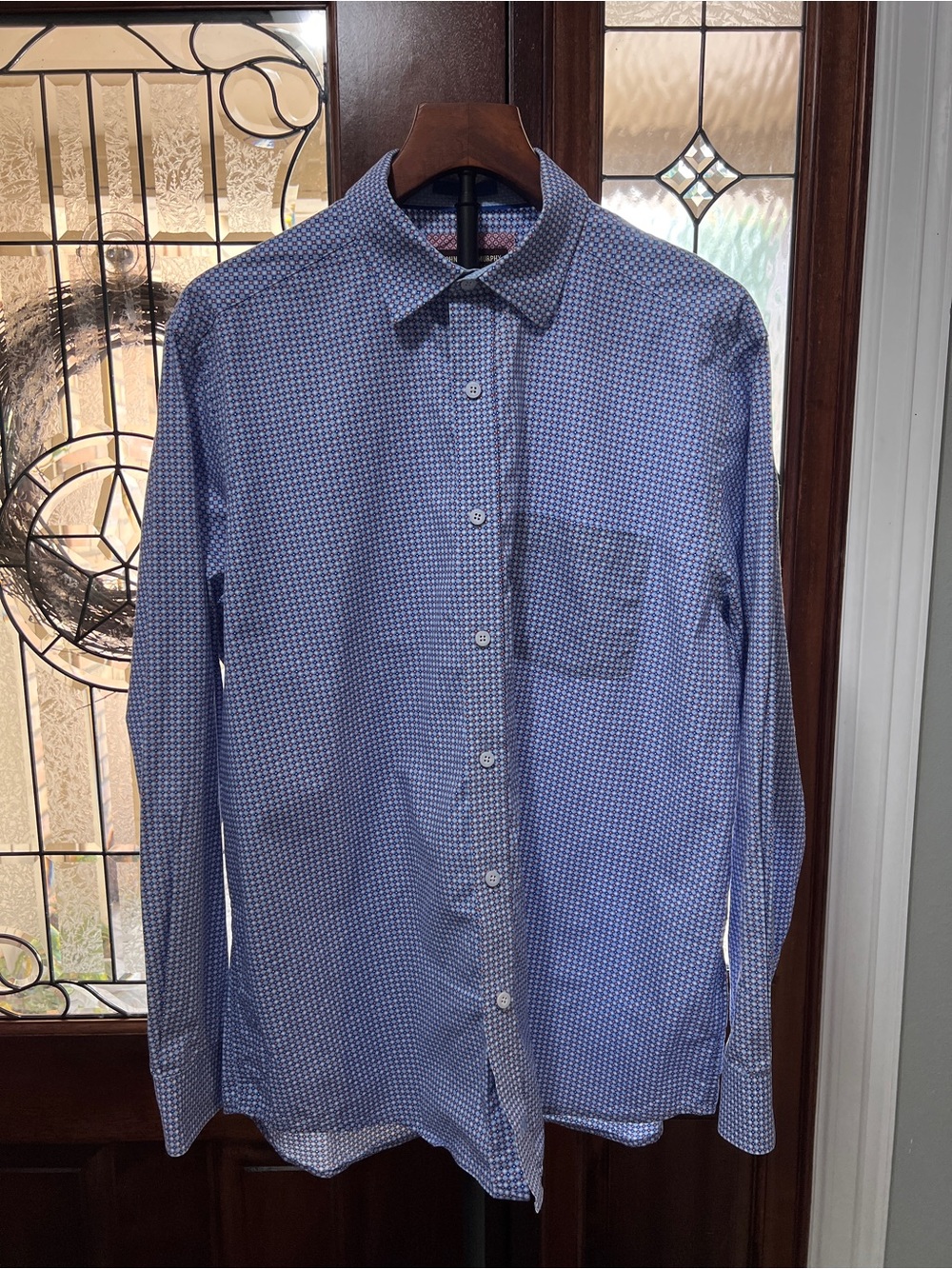 Johnston & Murphy Blue Geometric 100% Cotton Button Up Dress Shirt L Large